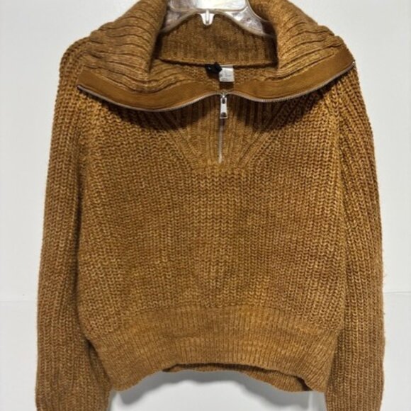H&M Divided XL Pullover Cowl Neck Zip Long Sleeve Crop Chunky Knit Brown Neutral - Picture 1 of 7